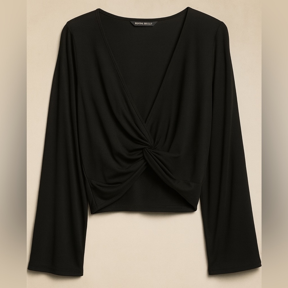 Banana Republic SilkyLuxe Center-Twist Waist Length Bell Sleeve Black Top, Small - Picture 3 of 8